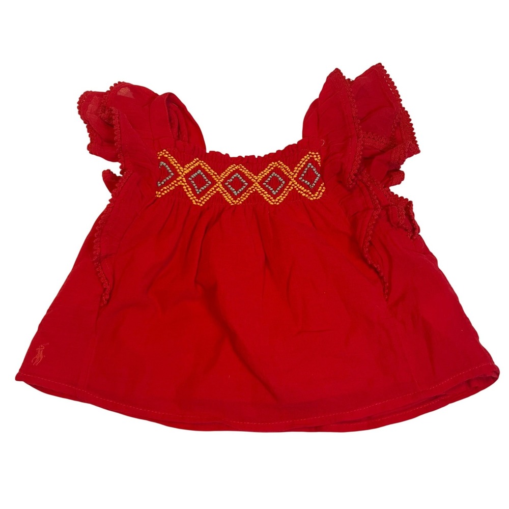 Polo Ralph Lauren Blouse Girls 3T Red Smocked Flutter Sleeve Cotton Gauze NEW